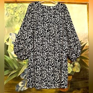 H & M Elegant Black and Off White Patterned A-Line Dress SZ L
